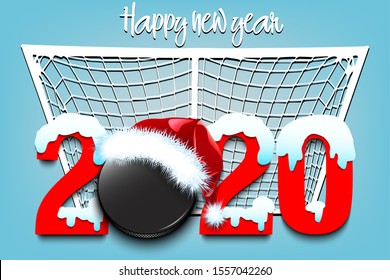Snowy New Year numbers 2020 and hockey puck in a Christmas hat on the background of the gate. Creative design pattern for greeting card, banner, poster, flyer, party invitation. Vector illustration
