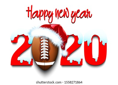 Snowy New Year numbers 2020 and football ball in a Christmas hat and helmet on an isolated background. Creative design pattern for greeting card, banner, poster, flyer, invitation. Vector illustration