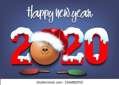 Snowy New Year numbers 2020 and ping-pong ball in a Christmas hat with tennis rackets on the blue background.. Creative design pattern for greeting card, banner, poster, flyer. Vector illustration