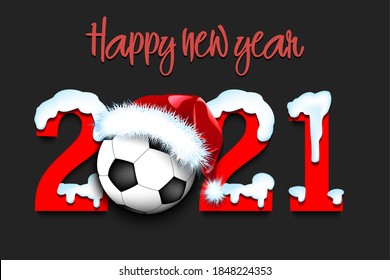 Snowy New Year numbers 2021 and soccer ball in a Christmas hat on on an isolated background. Creative design pattern for greeting card, banner, poster, flyer, party invitation. Vector illustration