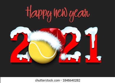Snowy New Year numbers 2021 and tennis ball in a Christmas hat on an isolated background. Creative design pattern for greeting card, banner, poster, flyer, party invitation. Vector illustration