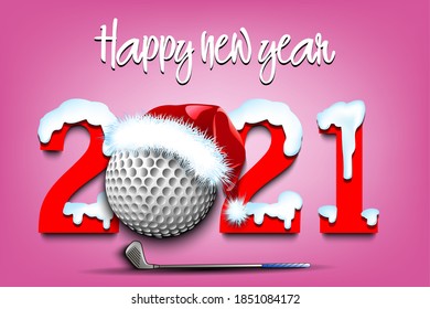 Snowy New Year numbers 2021 and golf ball in a Christmas hat and stick on an isolated background. Creative design pattern for greeting card, banner, poster, flyer, invitation. Vector illustration