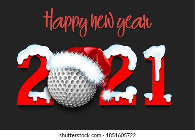 Snowy New Year numbers 2021 and golf ball in a Christmas hat on an isolated background. Creative design pattern for greeting card, banner, poster, flyer, party invitation. Vector illustration