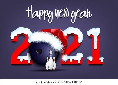 Snowy New Year numbers 2021 and bowling ball in a Christmas hat on an isolated background. Creative design pattern for greeting card, banner, poster, flyer, party invitation. Vector illustration