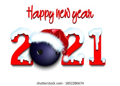 Snowy New Year numbers 2021 and bowling ball in a Christmas hat on an isolated background. Creative design pattern for greeting card, banner, poster, flyer, party invitation. Vector illustration