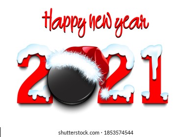 Snowy New Year numbers 2021 and hockey puck in a Christmas hat on an isolated background. Creative design pattern for greeting card, banner, poster, flyer, party invitation. Vector illustration