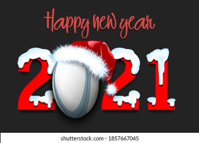 Snowy New Year numbers 2021 and rugby ball in a Christmas hat on an isolated background. Creative design pattern for greeting card, banner, poster, flyer, party invitation. Vector illustration