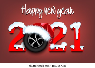 Snowy New Year numbers 2021 and car wheel in a Christmas hat on an isolated background. Creative design pattern for greeting card, banner, poster, flyer, party invitation. Vector illustration