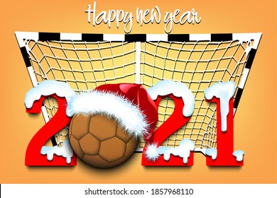 Snowy New Year numbers 2021 and handball ball in a Christmas hat on the background of the gate. Creative design pattern for greeting card, banner, poster, flyer, party invitation. Vector illustration