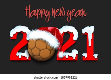 Snowy New Year numbers 2021 and handball ball in a Christmas hat on an isolated background. Creative design pattern for greeting card, banner, poster, flyer, party invitation. Vector illustration