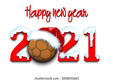 Snowy New Year numbers 2021 and handball ball in a Christmas hat on an isolated background. Creative design pattern for greeting card, banner, poster, flyer, party invitation. Vector illustration