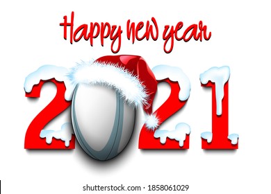 Snowy New Year numbers 2021 and rugby ball in a Christmas hat on an isolated background. Creative design pattern for greeting card, banner, poster, flyer, party invitation. Vector illustration