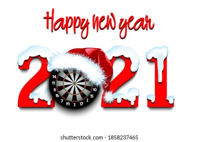 Snowy New Year numbers 2021 and dartboard in a Christmas hat on an isolated background. Creative design pattern for greeting card, banner, poster, flyer, party invitation. Vector illustration