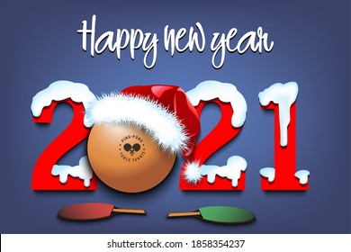 Snowy New Year numbers 2021 and ping-pong ball in a Christmas hat with tennis rackets on the blue background.. Creative design pattern for greeting card, banner, poster, flyer. Vector illustration