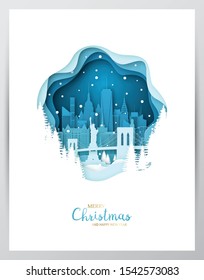 Snowy New York city. Paper art greeting card. Merry Christmas and Happy New Year NY. Vector illustration.