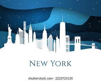 Snowy New York skyline on blue background. Most famous buildings landmark. Christmas Eve in New York City. Paper art style. 