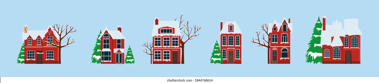 Snowy night in cozy christmas town city panorama. Merry Christmas and Happy New Year holiday panoramic horizontal banner. Urban landscape Decorative vector illustration