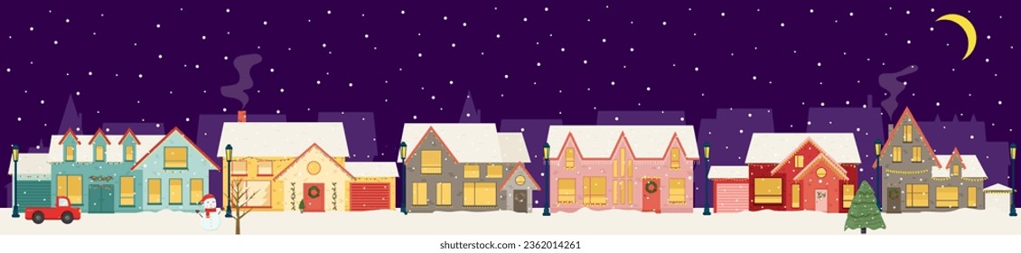 Snowy night in cozy christmas town city panorama. Winter christmas village