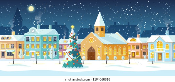 Snowy Night In Cozy Town City Panorama. Winter Town Village Landscape At Night With Christmas Tree And Snow