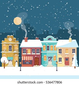 Snowy night in cozy town city panorama. Winter village landscape Christmas greeting card