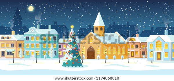 こぢんまりした町の街パノラマに輝く雪の夜 夜の冬の町並み クリスマスツリーと雪 のベクター画像素材 ロイヤリティフリー