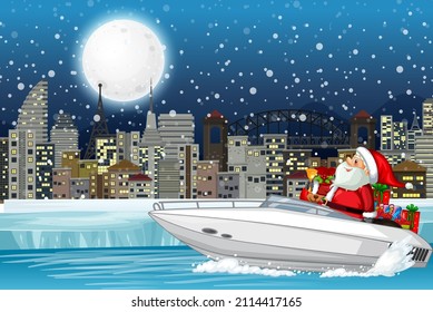 Snowy night with cute elf delivering gifts by speedboat illustration