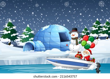 Snowy night with cute elf delivering gifts by speedboat illustration