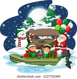 Snowy night with elves delivering gifts by boat illustration