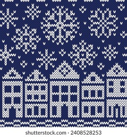 Snowy night fairy tale town jacquard knitted seamless pattern. Winter background. Vector illustration.