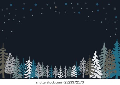 Snowy night with firs, coniferous forest, night sky with stars. Woodland landscape for winter and new year holidays. Flat winter landscape background. Vector  illustration