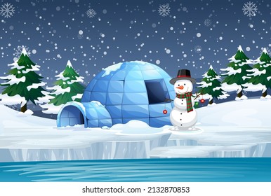 Snowy night with igloo and snowman illustration