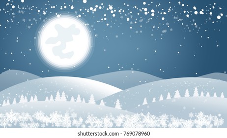 snowy night landscape with full moon and pine tree in the mountain hill. Winter background. Christmas and new year style. Vector illustration.
