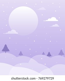snowy night landscape with full moon and pine tree.
