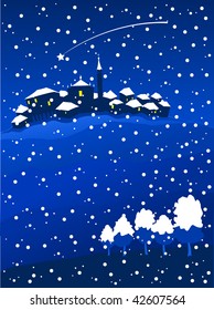 Snowy night landscape of great Christmas atmosphere, vector