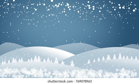 snowy night landscape with pine tree in the mountain hill. Winter background. Christmas and new year style. Vector illustration.
