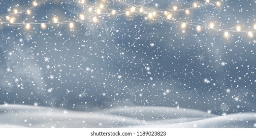 Snowy night with light garlands, falling snow, snowflakes,  snowdrift for winter and new year holidays. Holiday winter landscape. Christmas vector background.