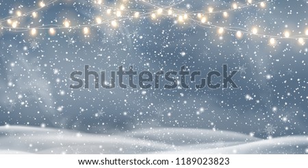 Snowy night with light garlands, falling snow, snowflakes,  snowdrift for winter and new year holidays. Holiday winter landscape. Christmas vector background.