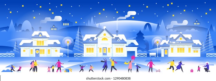 Snowy night with people in cozy town city panorama Winter town village landscape at night with christmas tree and snow Suburb background, postcard, website, header, congratulation, printed material
