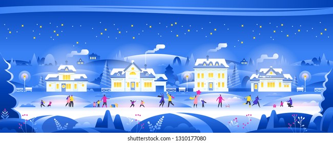 Snowy Night With People In Cozy Town City Panorama Winter Town Village Landscape At Night With Christmas Tree And Snow Suburb Background, Postcard, Website, Header, Congratulation, Printed Material