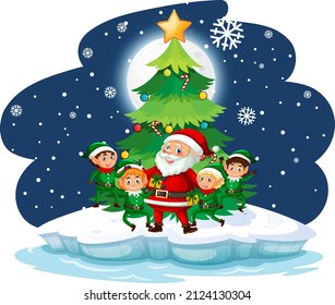 Snowy night with Santa Claus and elves friends illustration
