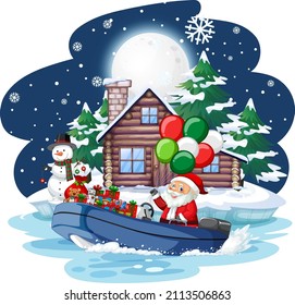 Snowy night with Santa Claus in a speedboat illustration