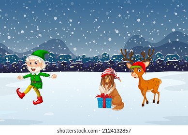 Snowy night scene with Christmas cartoon characters illustration