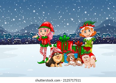 Snowy night scene with Christmas cartoon characters illustration