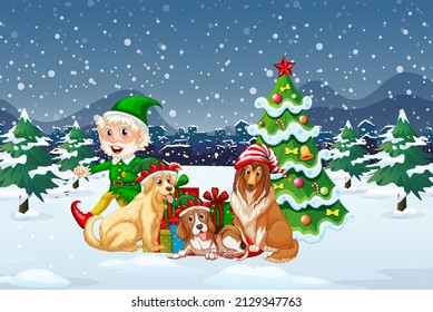 Snowy night scene with Christmas cartoon characters illustration