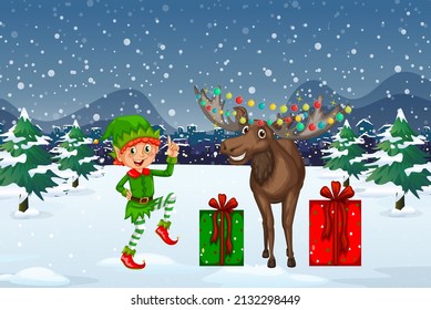 Snowy night scene with Christmas cartoon characters illustration