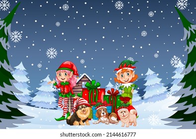 Snowy night scene with Christmas cartoon characters illustration