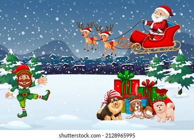 Snowy night scene with elf and dogs in cartoon style illustration