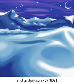 A snowy night time winter scene,  Beautiful snowy night time winter landscape scene, with the moon and stars. No meshes used.