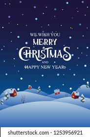 Snowy night village with text Merry Christmas and Happy New Year vector