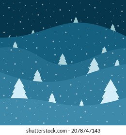 Snowy night in winter. Christmas tree. Snow. Flat design vector illustration.